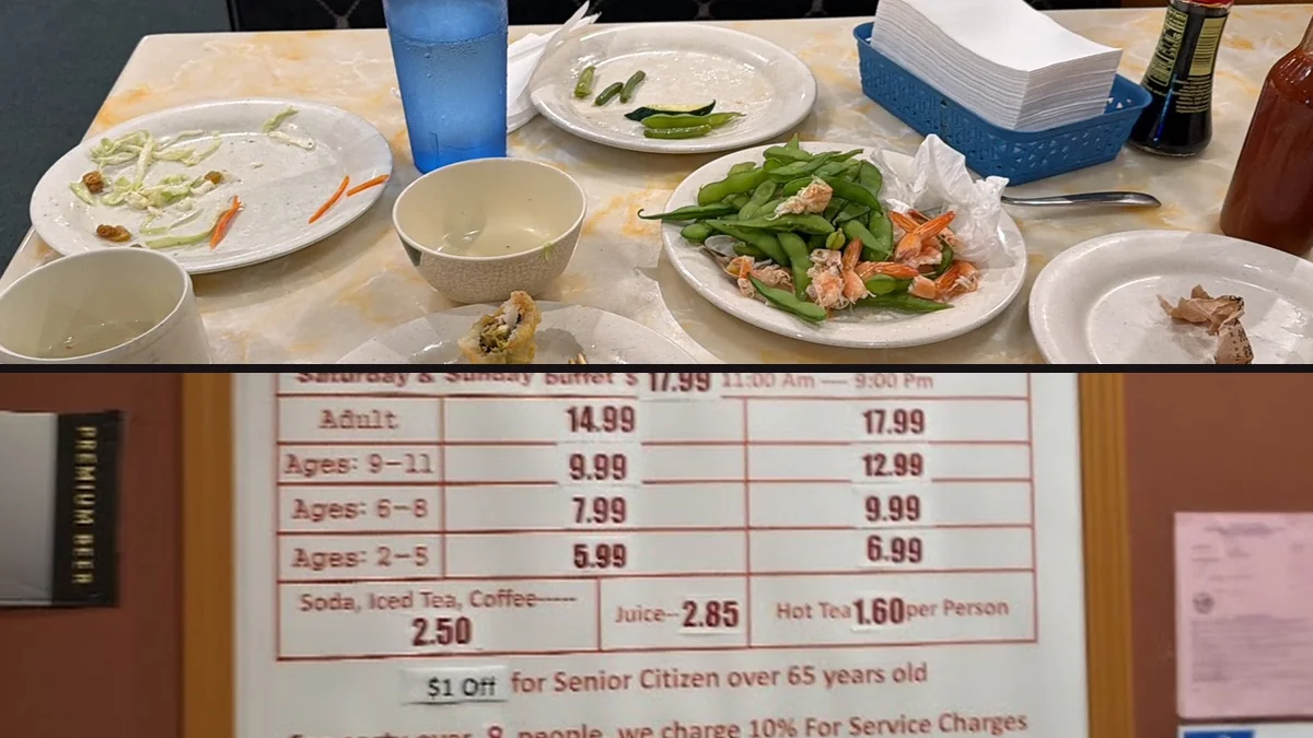 Shared tables beside a buffet counter