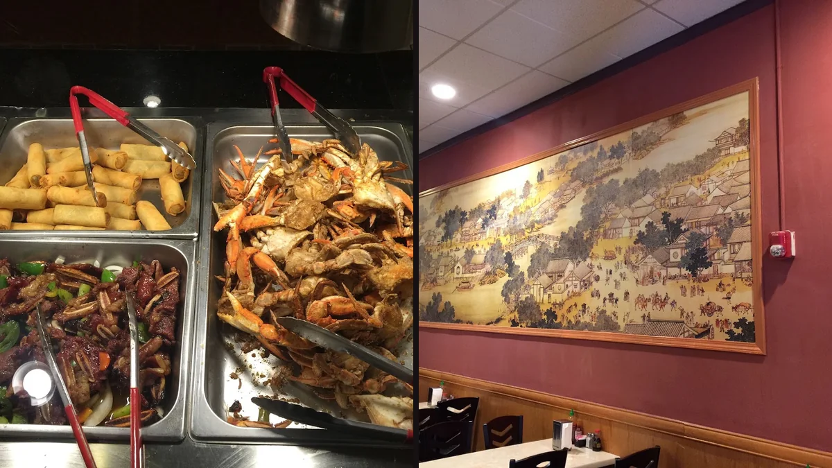 Rows of hot dishes behind glass