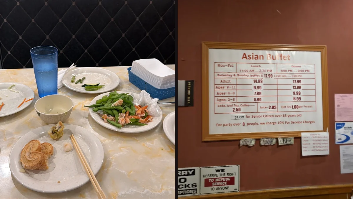 Shared tables beside a buffet counter