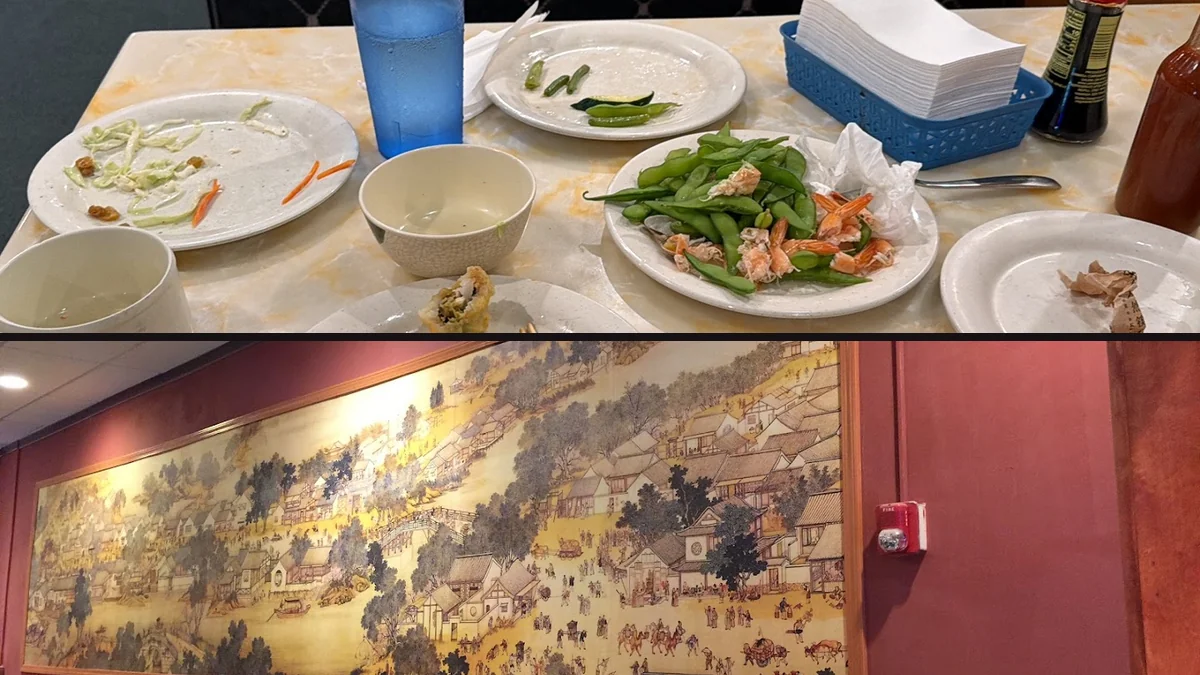 Shared tables beside a buffet counter
